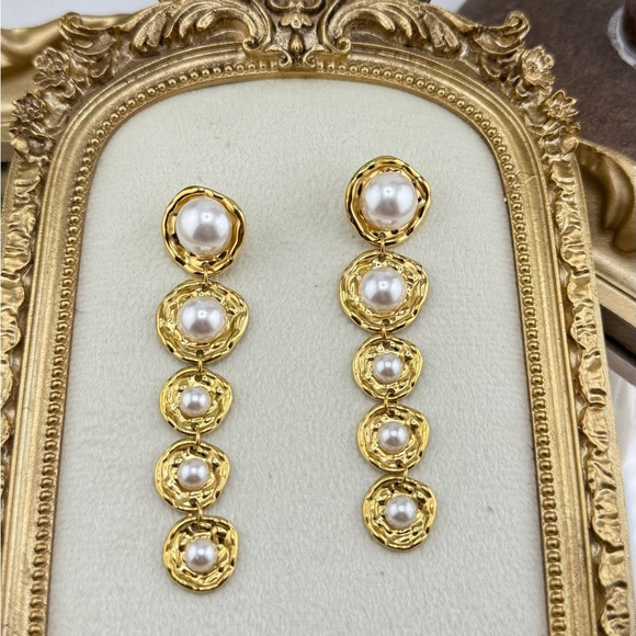 Gold Drop Earrings with Imitation Pearls – Stainless Steel, Real Gold Plated - Picture 15 of 17